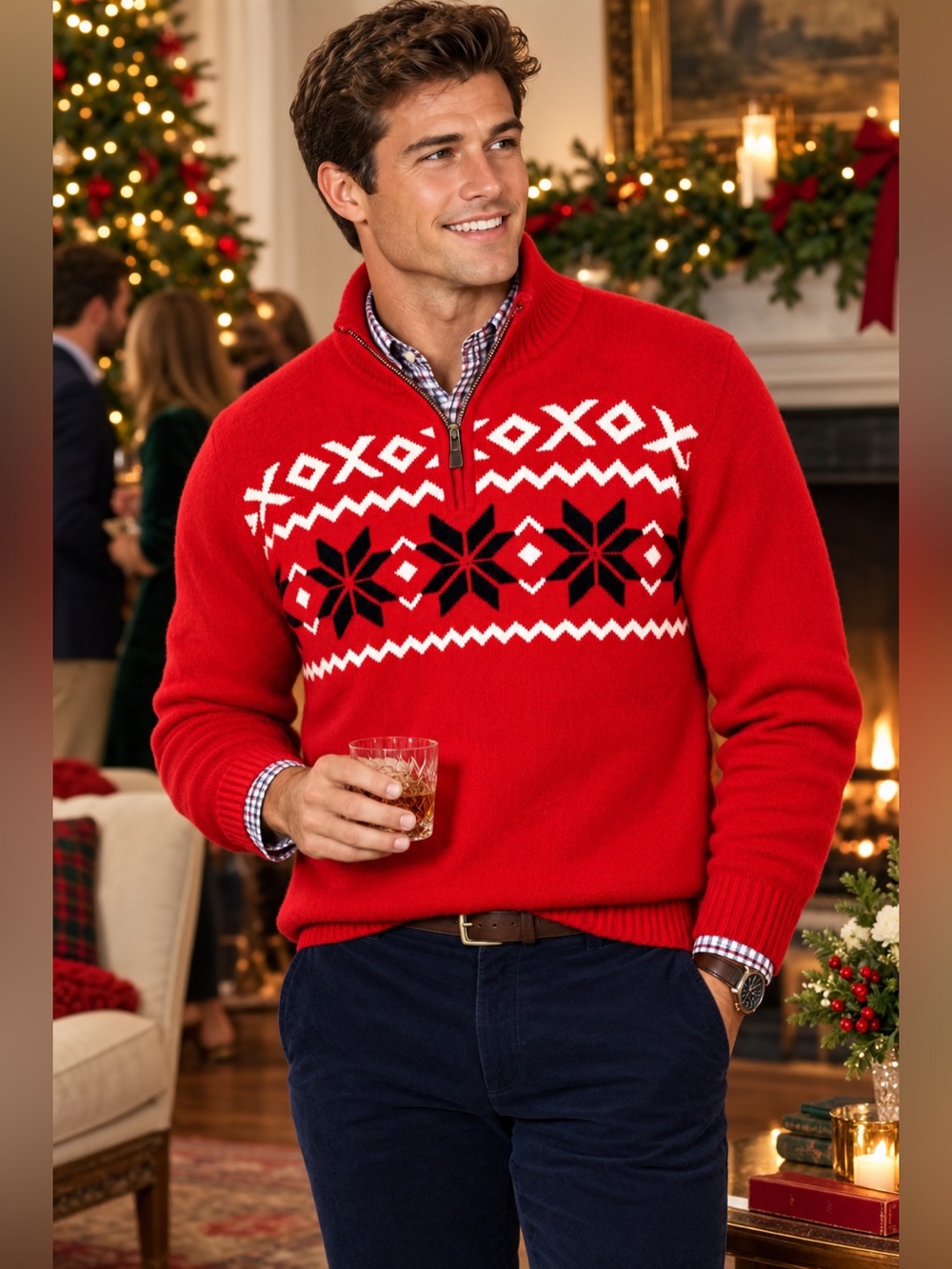 CHAPS Holiday Winter Half Quarter Zip Up Red Sweater Large